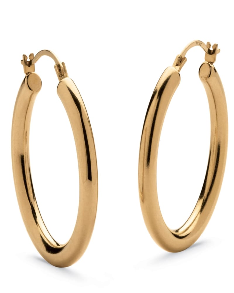 Front of a size One Size 14k Gold Ultra-Lightweight Nano Diamond Resin Filled Hoop Earrings (1 7/8") in Yellow by PalmBeach Jewelry. | dia_product_style_image_id:297098